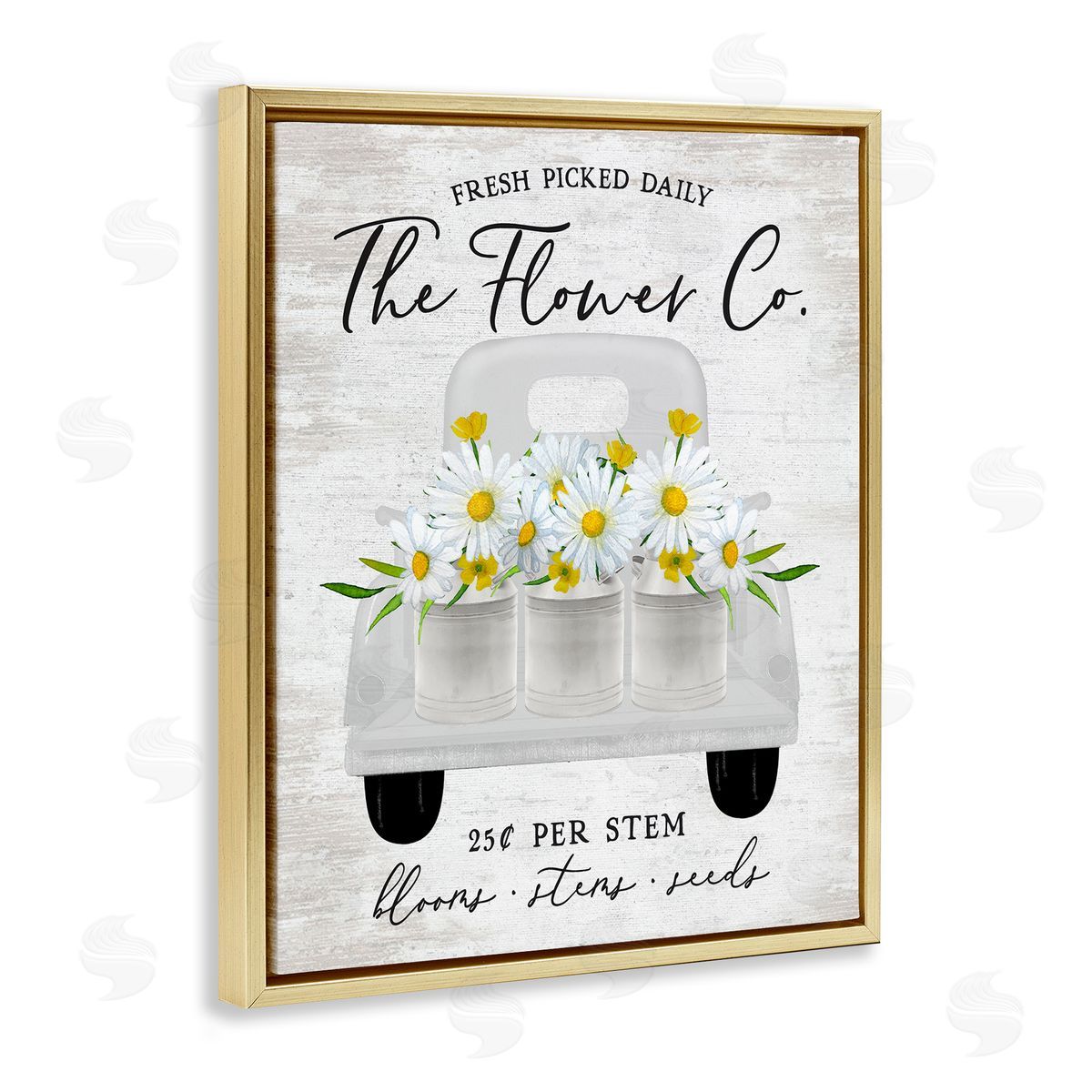 Lettered and Lined Vintage Flower Co. Daisy Blooms Filled Pickup Truck Gold Floating Frame Canvas Wall Art Print