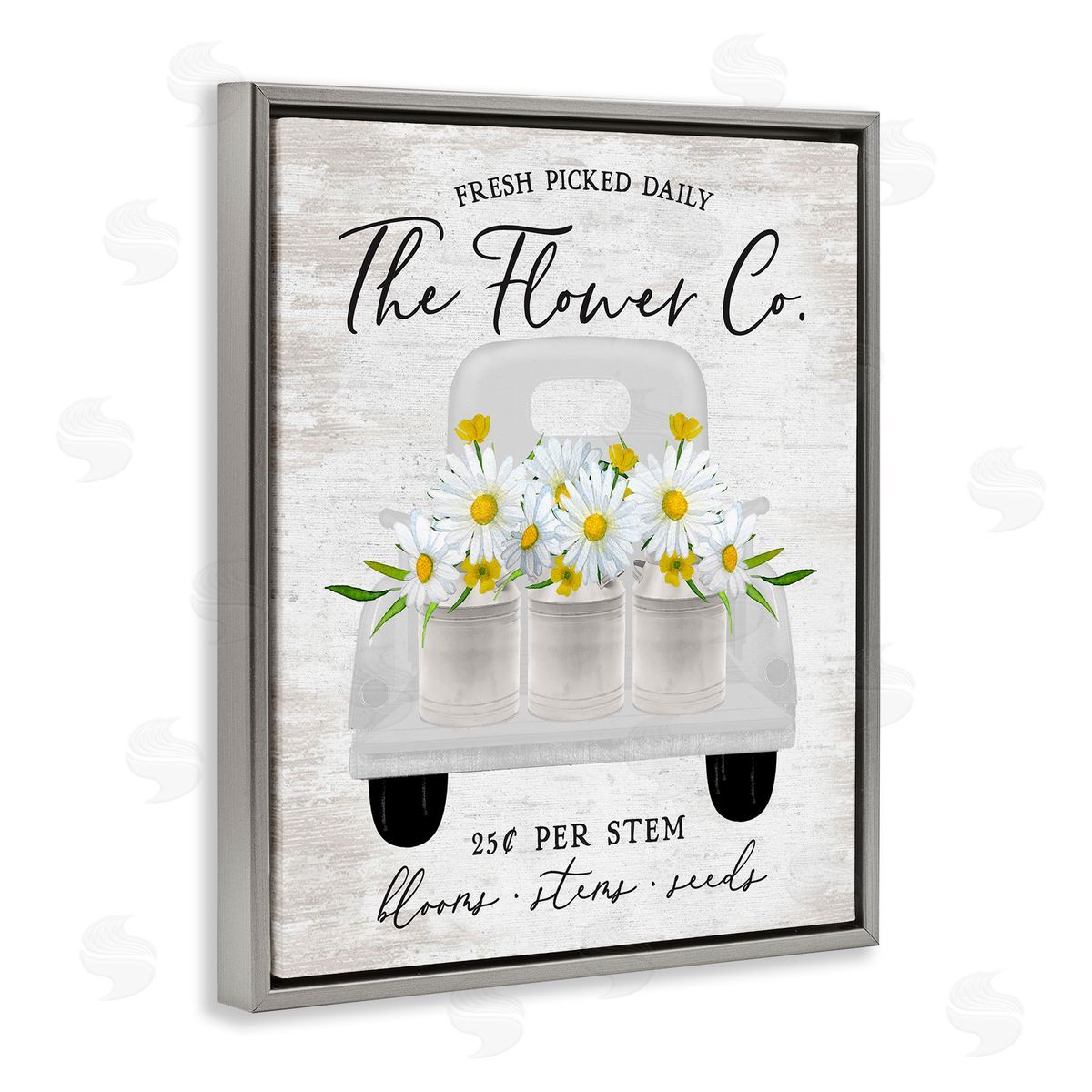 Lettered and Lined Vintage Flower Co. Daisy Blooms Filled Pickup Truck Gray Floating Frame Canvas Wall Art Print