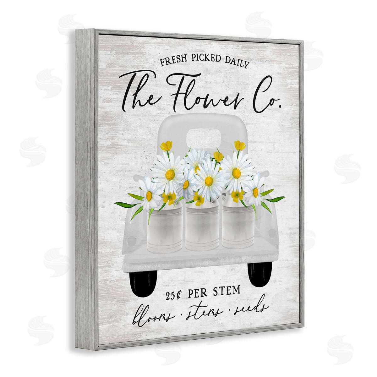 Lettered and Lined Vintage Flower Co. Daisy Blooms Filled Pickup Truck Gray Framed Giclee Wall Art Print