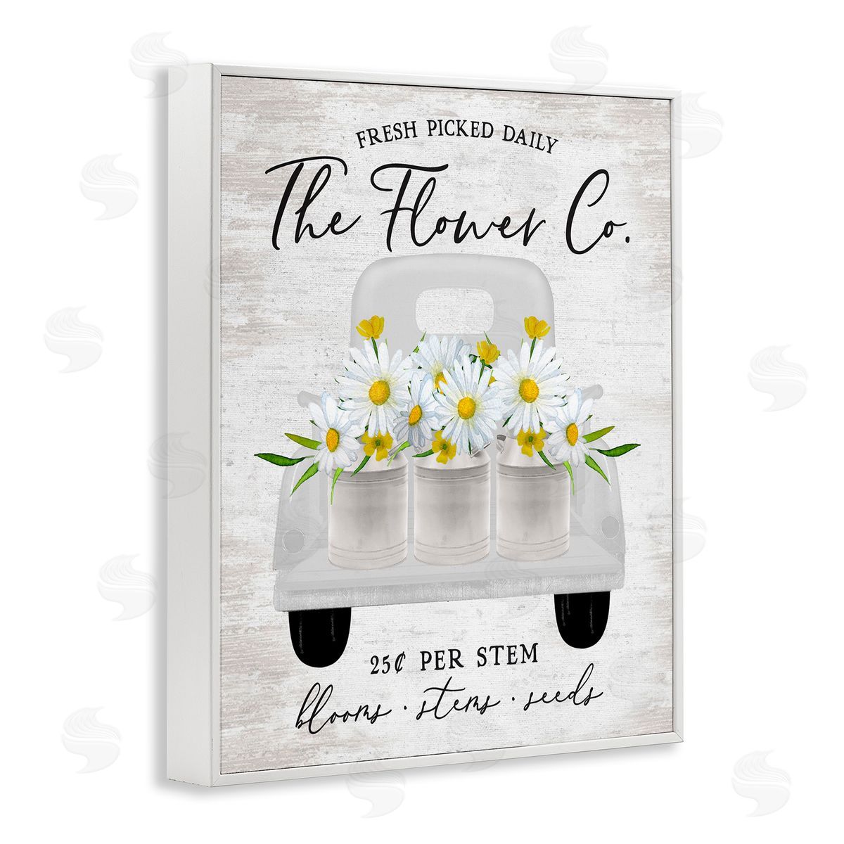 Lettered and Lined Vintage Flower Co. Daisy Blooms Filled Pickup Truck White Framed Giclee Wall Art Print