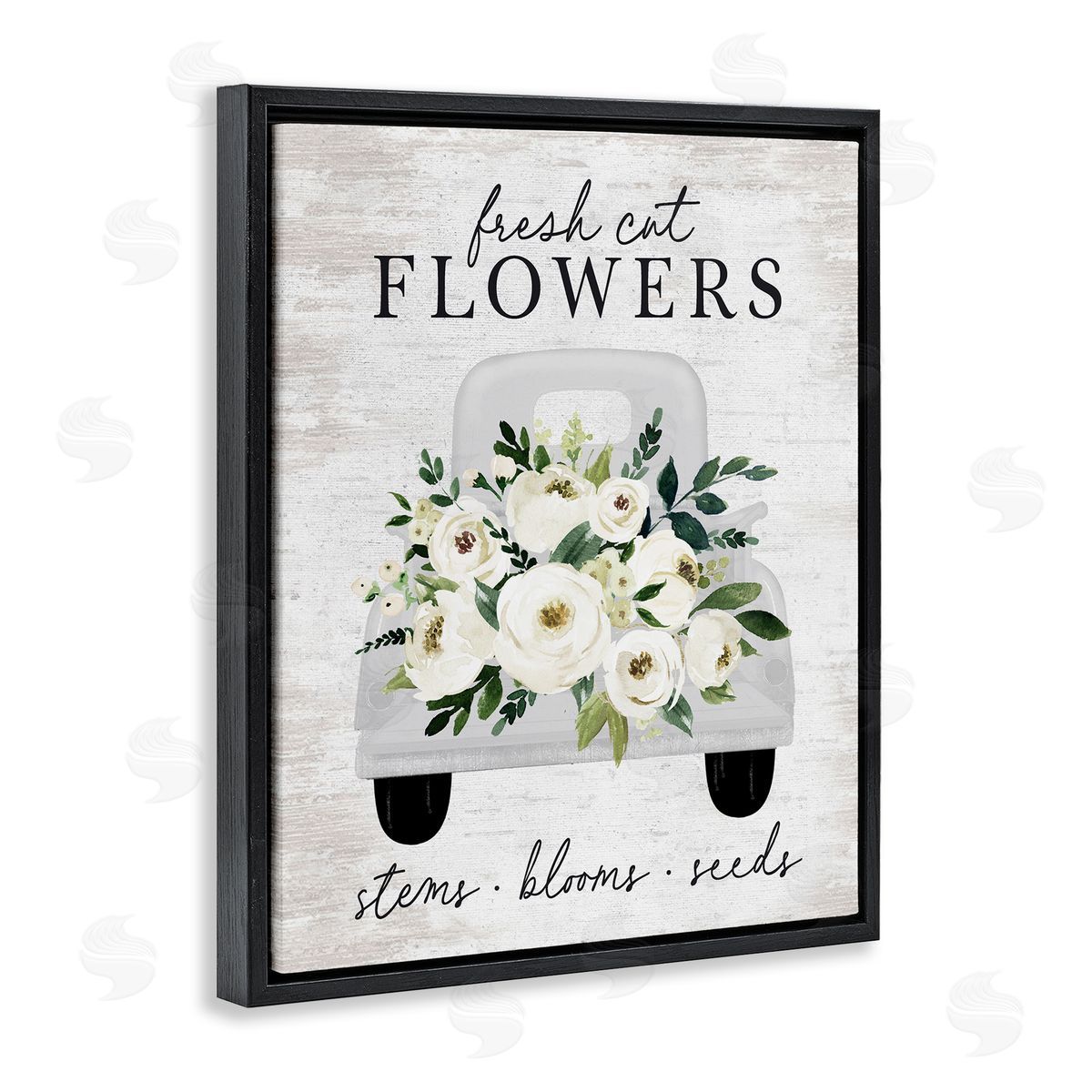 Lettered and Lined Fresh Cut Flowers White Roses Carnations Truckload Black Floating Frame Canvas Wall Art Print