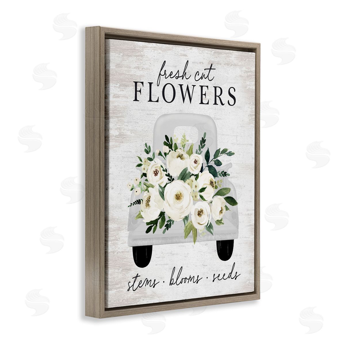 Lettered and Lined Fresh Cut Flowers White Roses Carnations Truckload Brown Floating Frame Canvas Wall Art Print