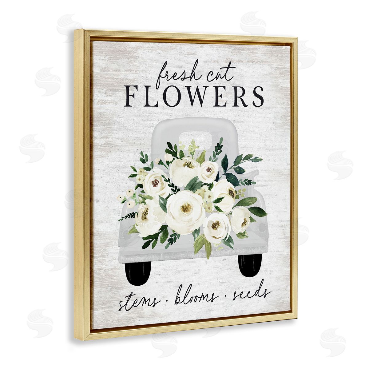 Lettered and Lined Fresh Cut Flowers White Roses Carnations Truckload Gold Floating Frame Canvas Wall Art Print