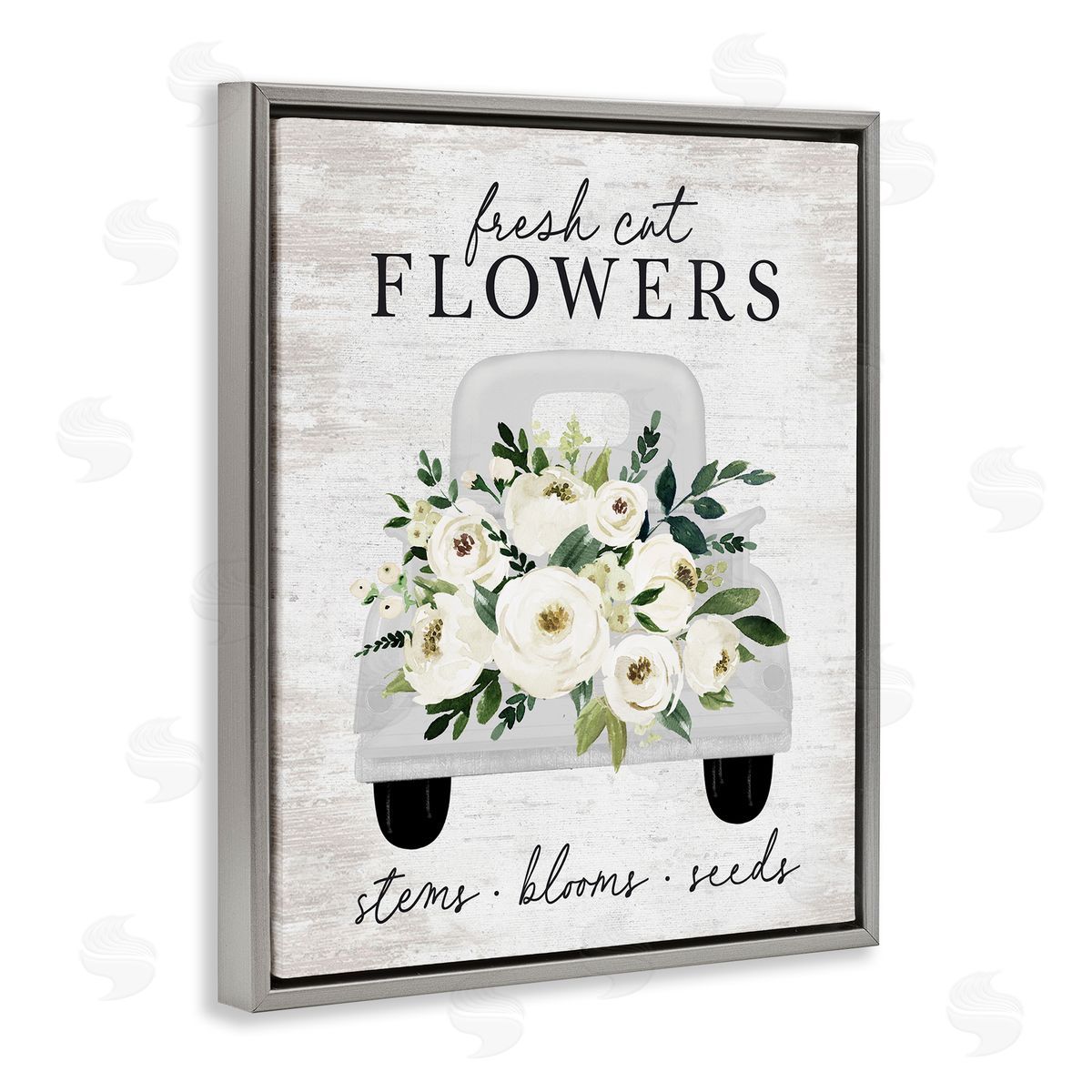 Lettered and Lined Fresh Cut Flowers White Roses Carnations Truckload Gray Floating Frame Canvas Wall Art Print
