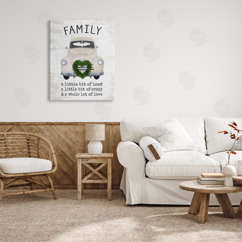 Lettered and Lined Wholesome Family Sign Antique Car Heart Wreath Canvas Wall Art Print in Room