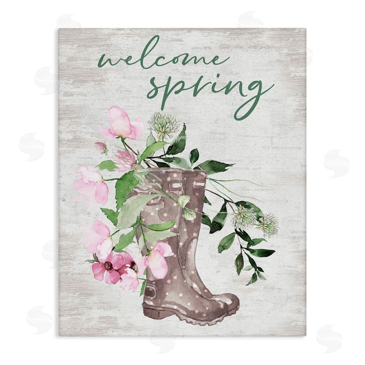Lettered and Lined Welcome Spring Seasonal Rain Boots Flower Arrangement Stretched Canvas Wall Art Print