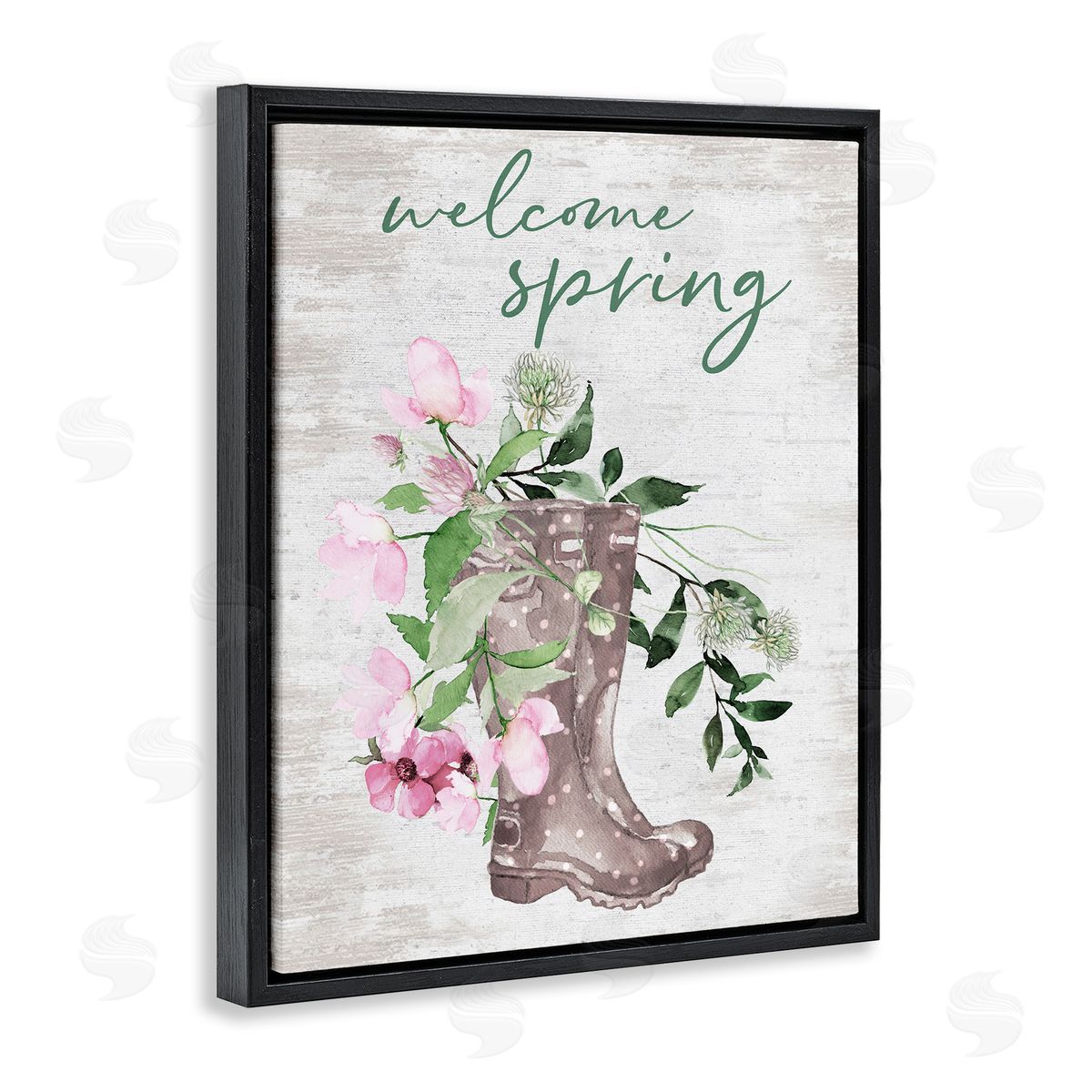 Lettered and Lined Welcome Spring Seasonal Rain Boots Flower Arrangement Black Floating Frame Canvas Wall Art Print