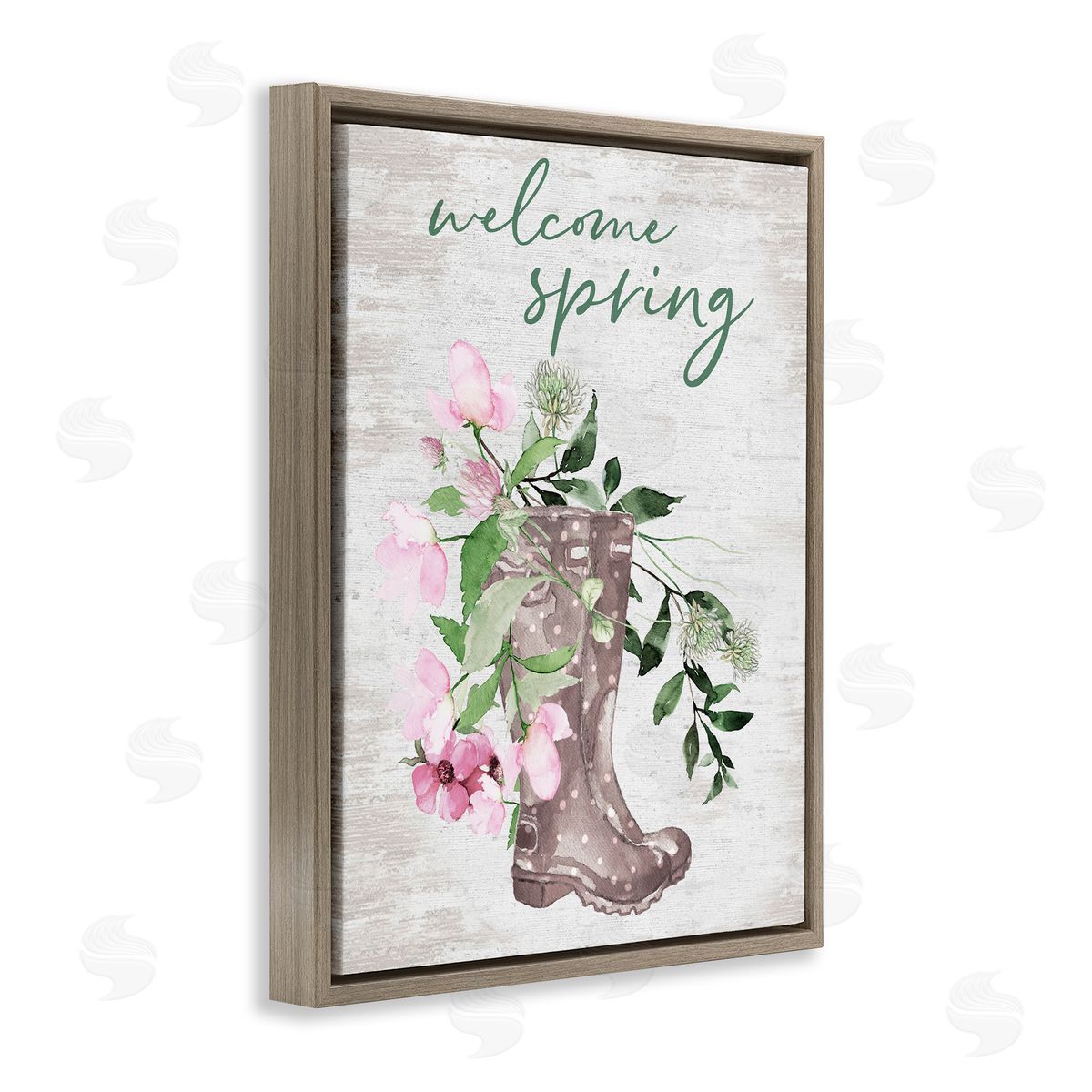 Lettered and Lined Welcome Spring Seasonal Rain Boots Flower Arrangement Brown Floating Frame Canvas Wall Art Print