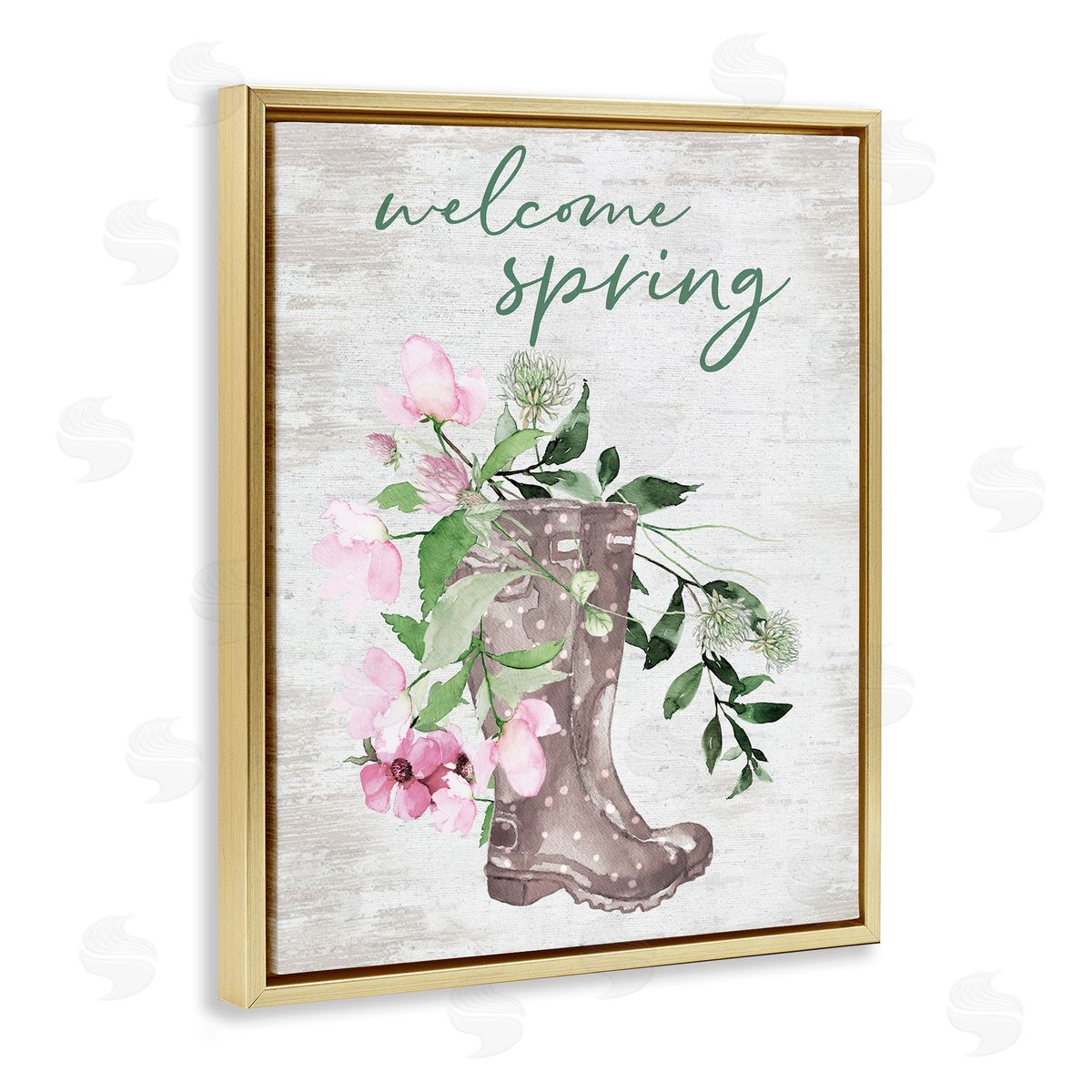 Lettered and Lined Welcome Spring Seasonal Rain Boots Flower Arrangement Gold Floating Frame Canvas Wall Art Print