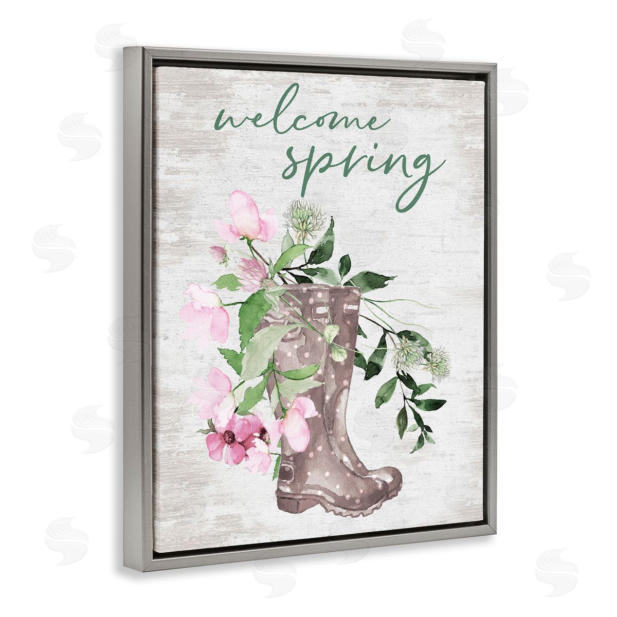 Lettered and Lined Welcome Spring Seasonal Rain Boots Flower Arrangement Gray Floating Frame Canvas Wall Art Print