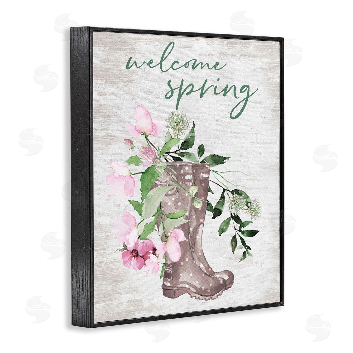 Lettered and Lined Welcome Spring Seasonal Rain Boots Flower Arrangement Black Framed Giclee Wall Art Print