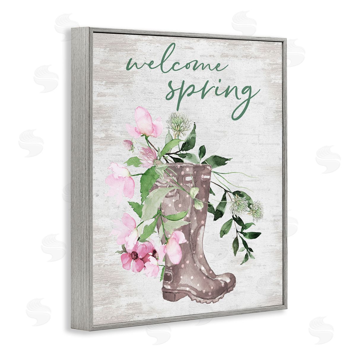 Lettered and Lined Welcome Spring Seasonal Rain Boots Flower Arrangement Gray Framed Giclee Wall Art Print