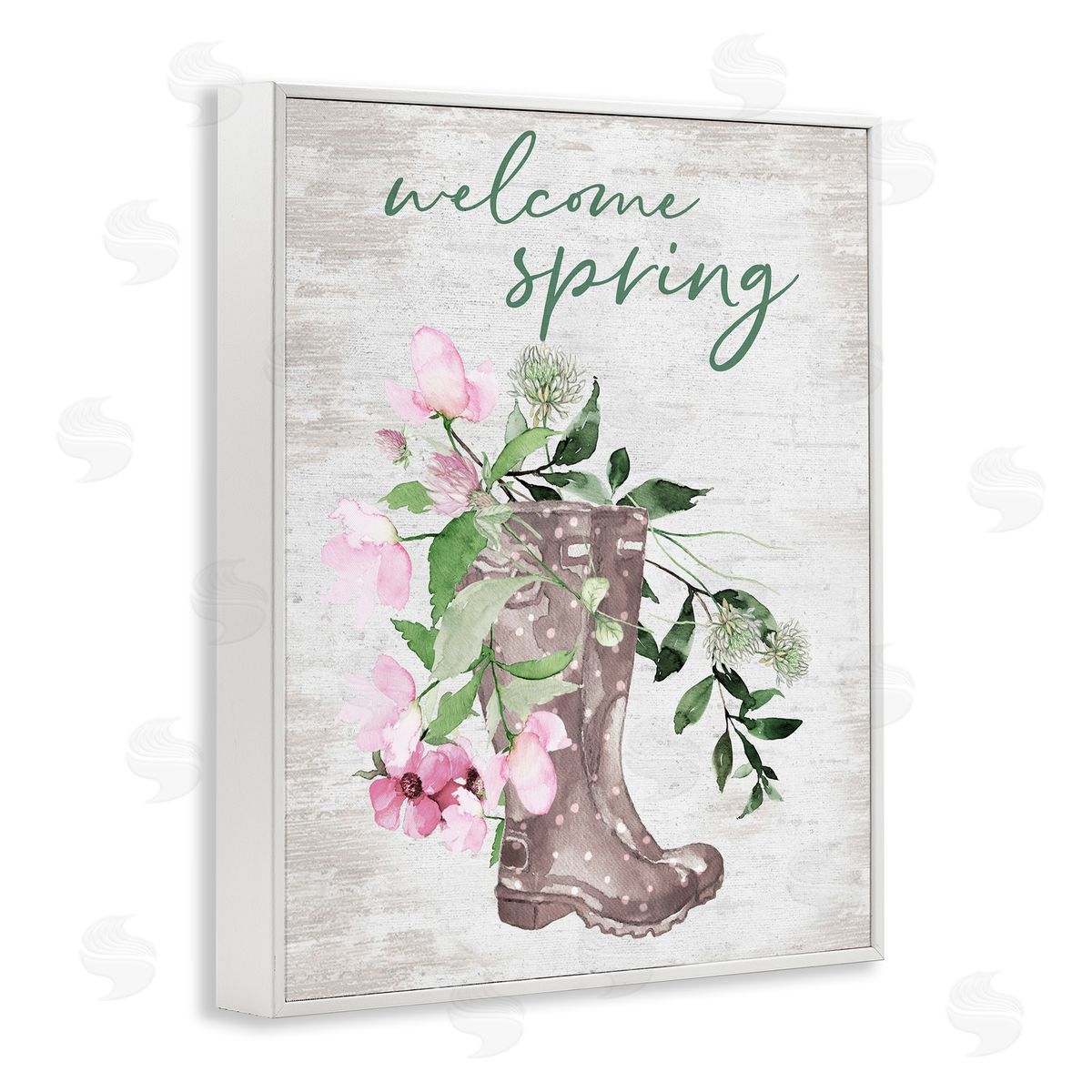 Lettered and Lined Welcome Spring Seasonal Rain Boots Flower Arrangement White Framed Giclee Wall Art Print
