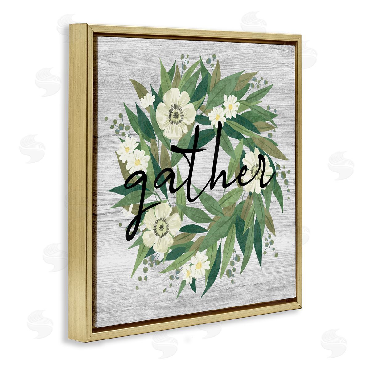 Ziwei Li Gather Calligraphy Wreath Country White Botanicals Blossoms Gold Floating Frame Canvas Wall Art Print
