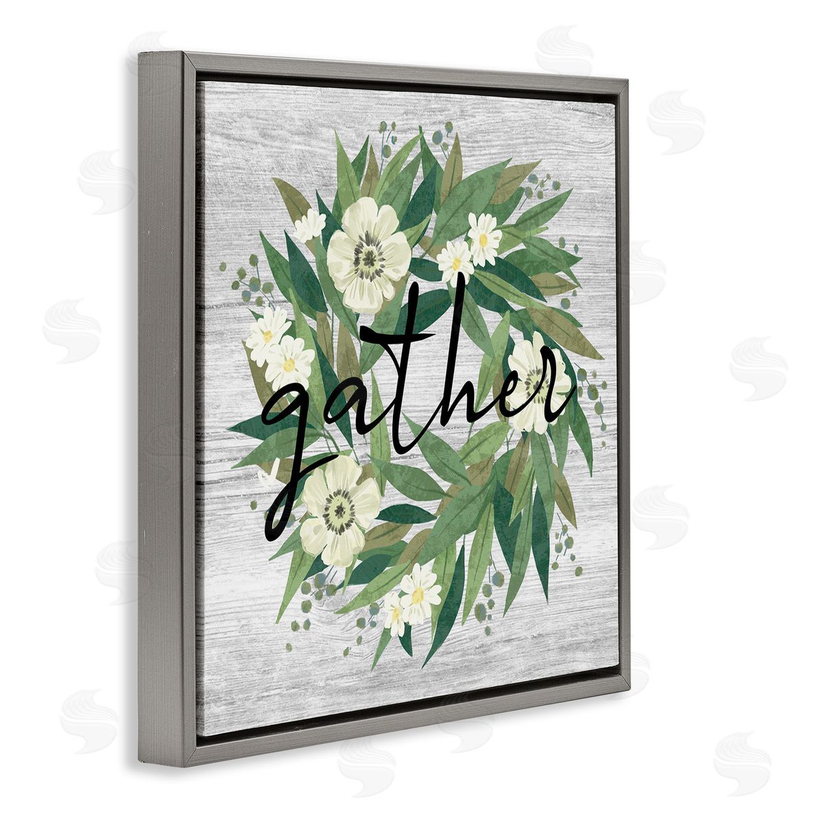 Ziwei Li Gather Calligraphy Wreath Country White Botanicals Blossoms Gray Floating Frame Canvas Wall Art Print