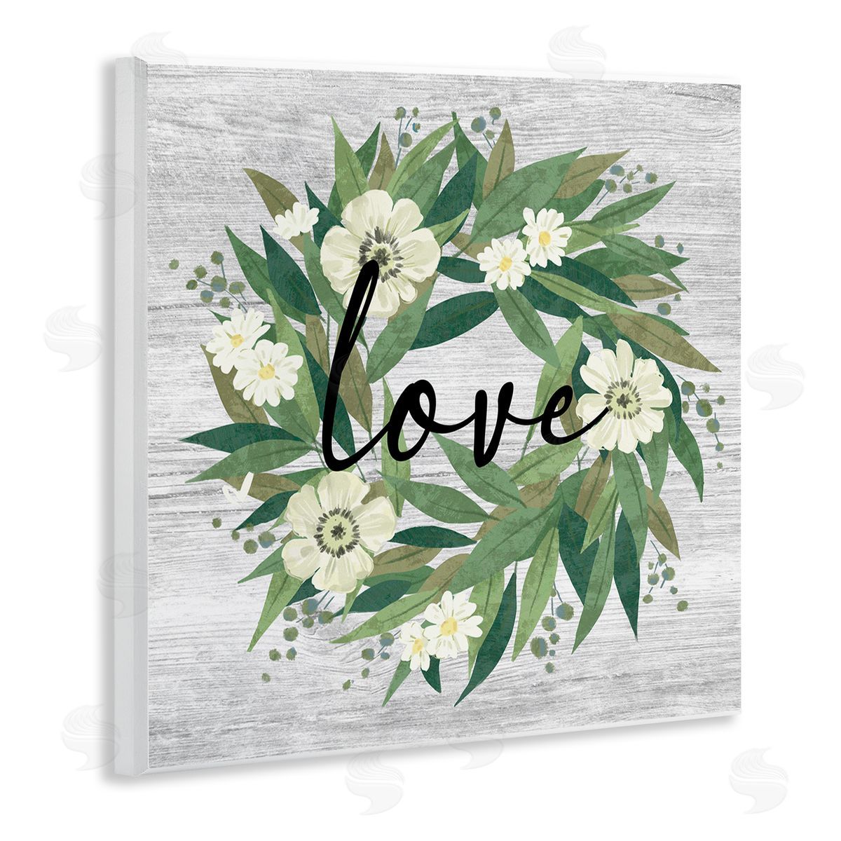 Ziwei Li Botanical Love Calligraphy Floral Wreath Rustic Design  Wooden Wall Plaque Art Print