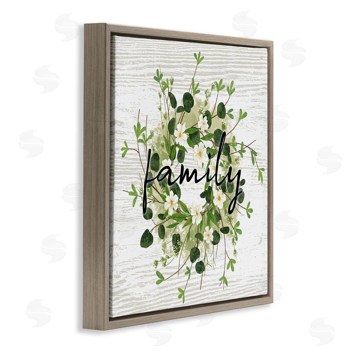 Ziwei Li Rustic Wreath Family Calligraphy Country Grain Pattern  Brown Floating Frame Canvas Wall Art Print