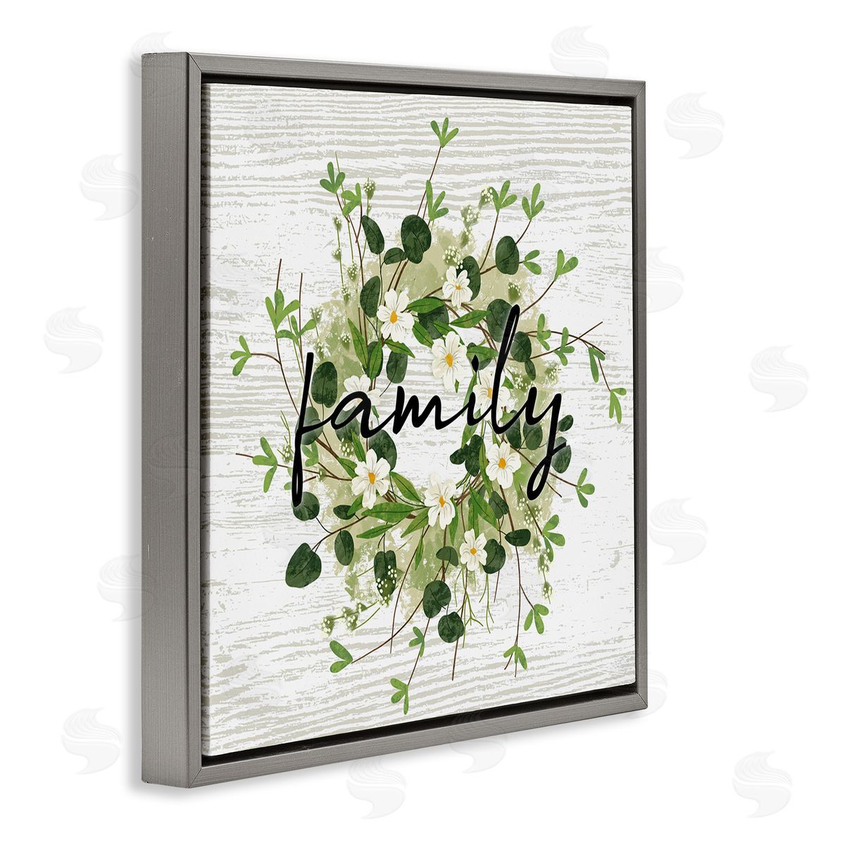 Ziwei Li Rustic Wreath Family Calligraphy Country Grain Pattern  Gray Floating Frame Canvas Wall Art Print