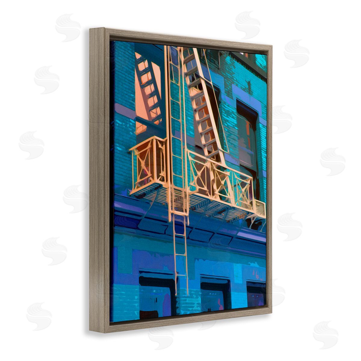 Noah Bay Urban City Architecture Building Blue Evening Lighting  Brown Floating Frame Canvas Wall Art Print