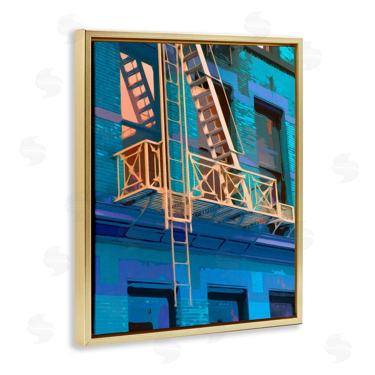 Noah Bay Urban City Architecture Building Blue Evening Lighting  Gold Floating Frame Canvas Wall Art Print