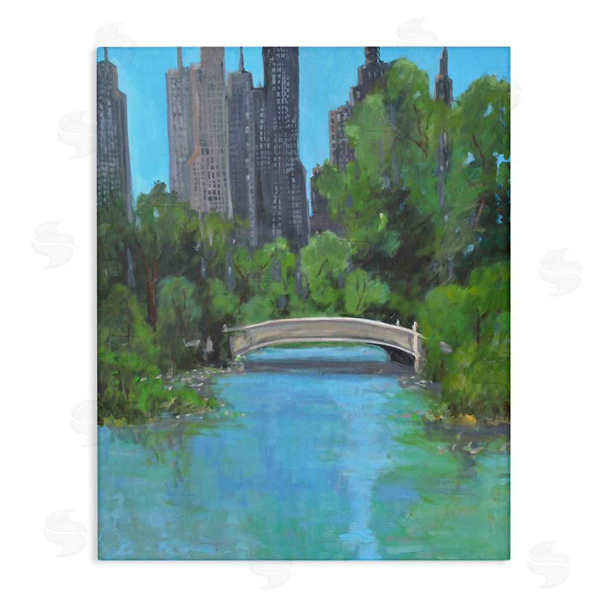 Allayn Stevens Urban City Park Town Bridge Over Lake Stretched Canvas Wall Art Print