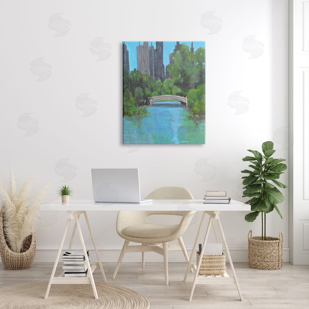 Allayn Stevens Urban City Park Town Bridge Over Lake Canvas Wall Art Print in Room