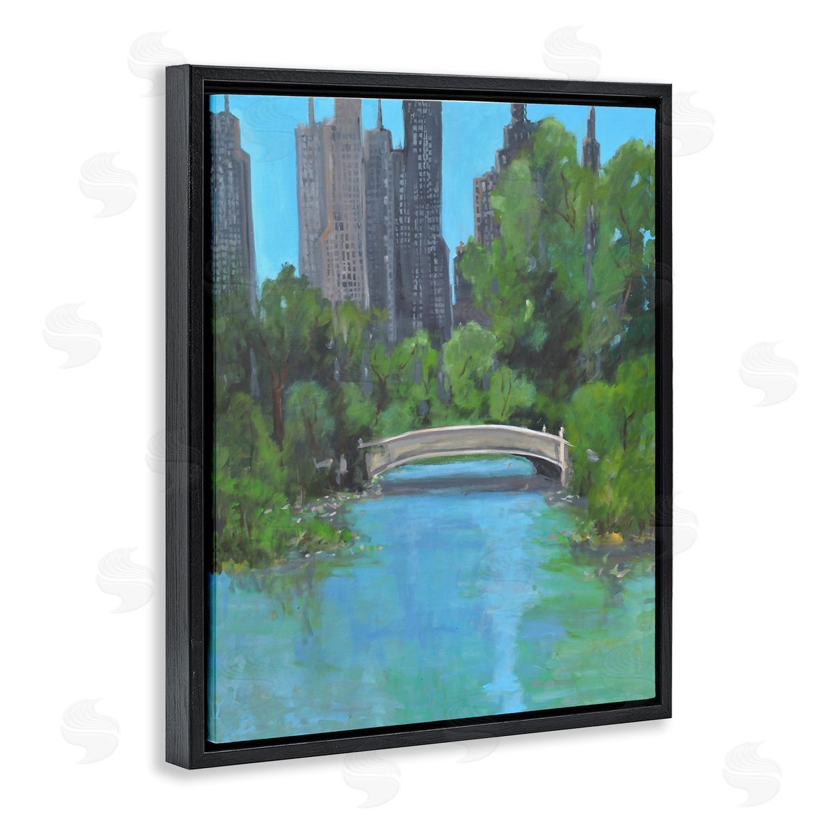 Allayn Stevens Urban City Park Town Bridge Over Lake Black Floating Frame Canvas Wall Art Print
