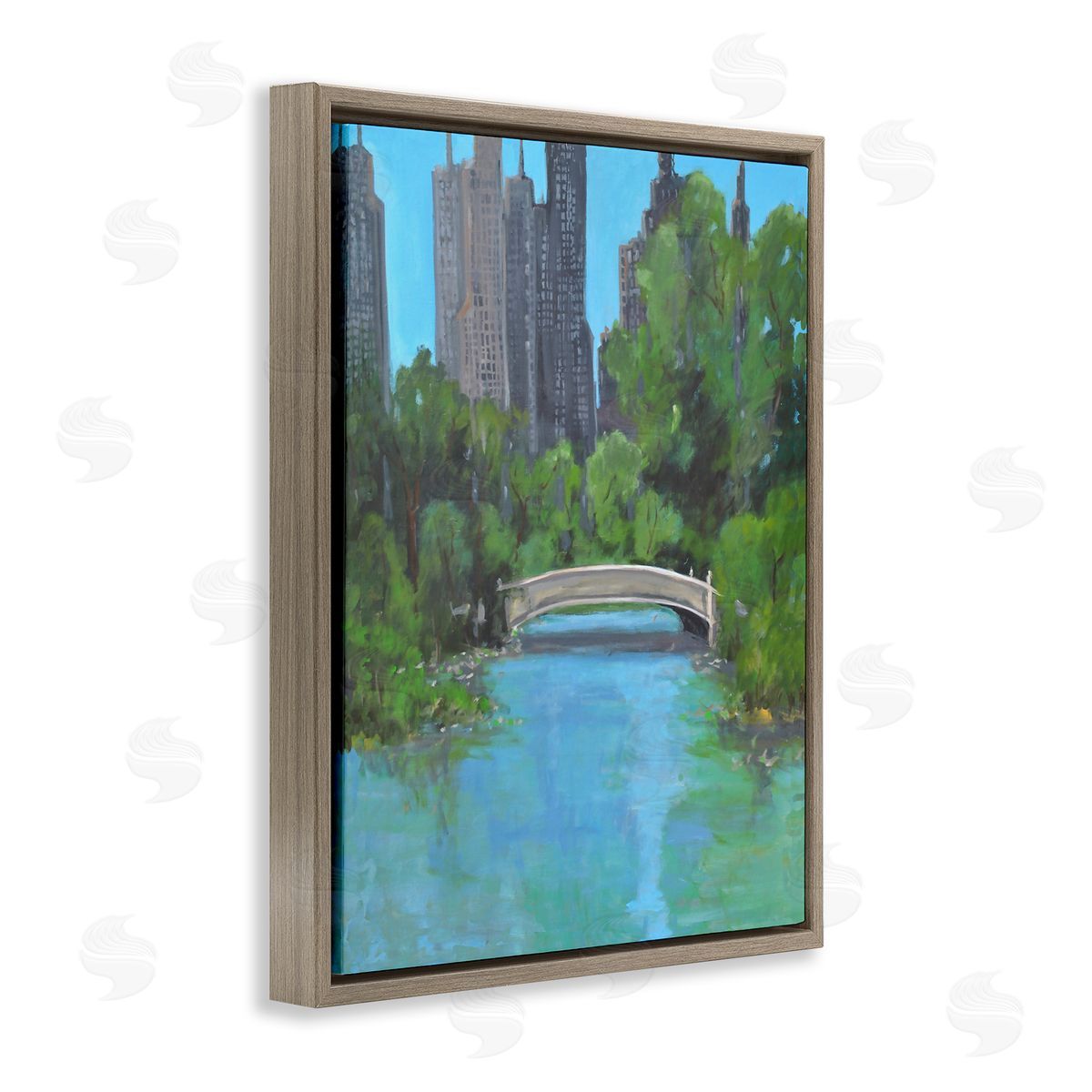 Allayn Stevens Urban City Park Town Bridge Over Lake Brown Floating Frame Canvas Wall Art Print
