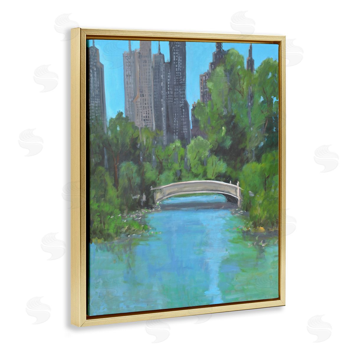 Allayn Stevens Urban City Park Town Bridge Over Lake Gold Floating Frame Canvas Wall Art Print