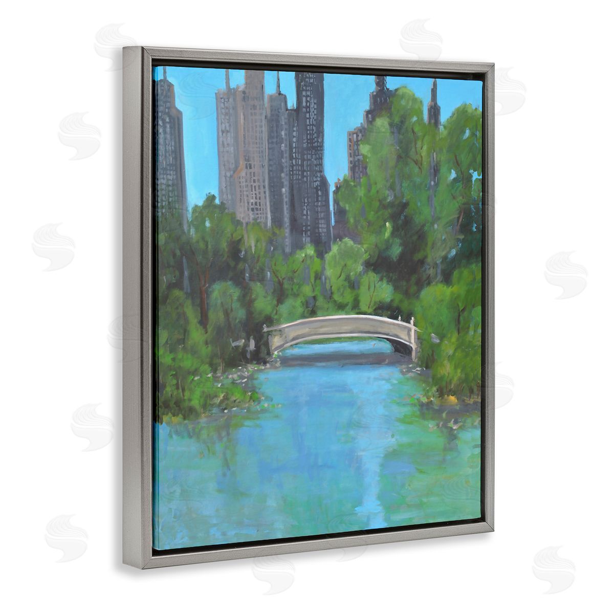 Allayn Stevens Urban City Park Town Bridge Over Lake Gray Floating Frame Canvas Wall Art Print