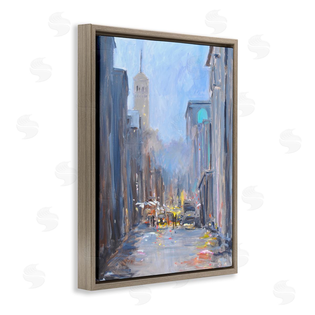 Allayn Stevens Abstract Rainy City Reflections Tall Urban Buildings Brown Floating Frame Canvas Wall Art Print