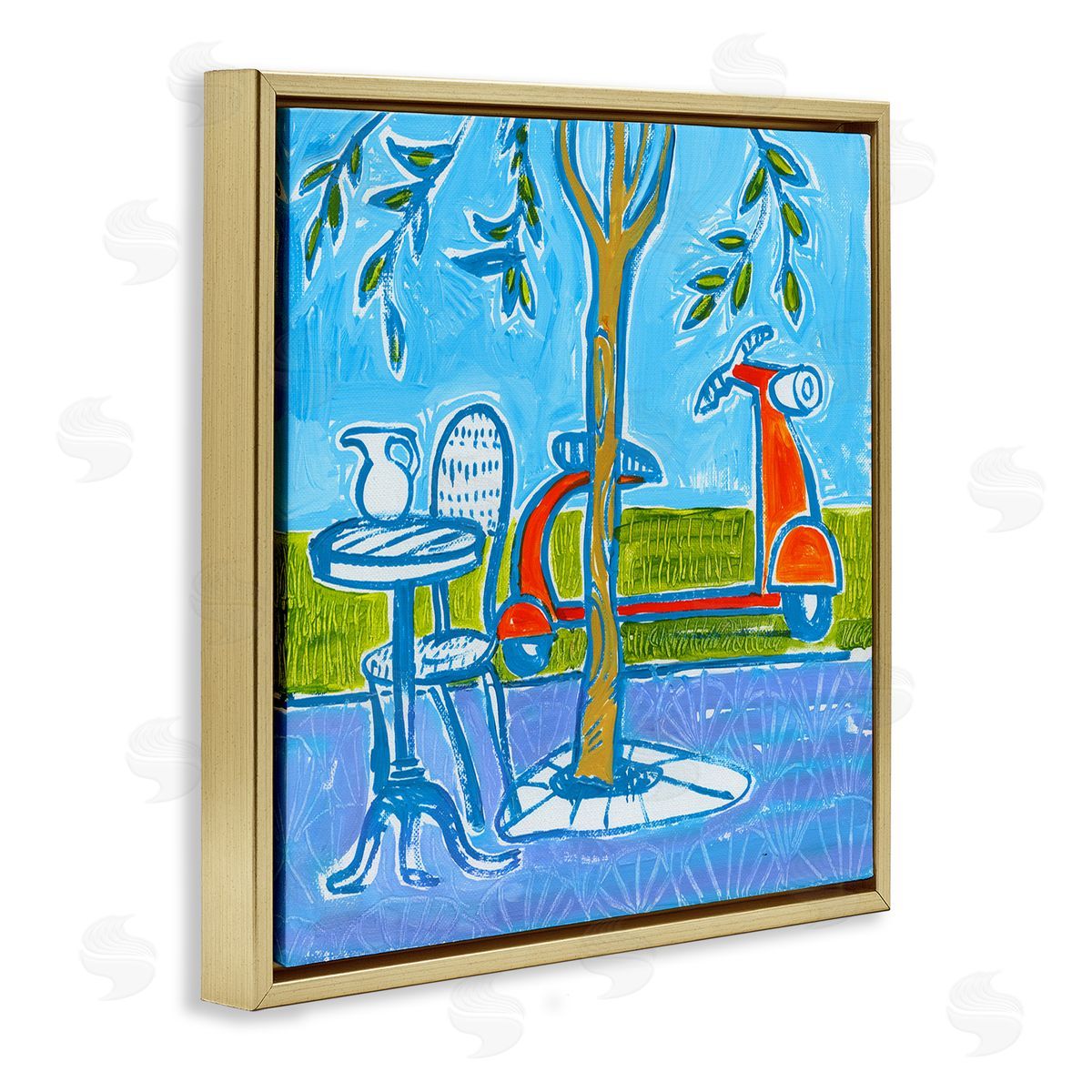 Ben Mann Contemporary Garden Scene Parked Scooter Abstract Nature Gold Floating Frame Canvas Wall Art Print