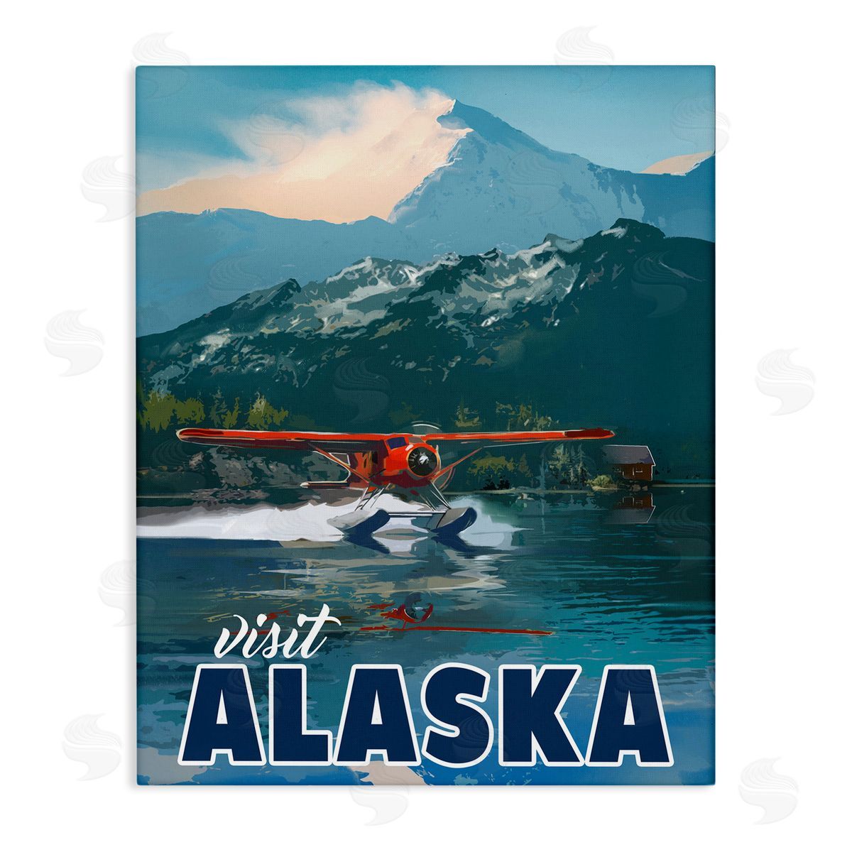 David Owens Illustration Visit Alaska Seaplane Landing Snowy Mountain Scenery Stretched Canvas Wall Art Print