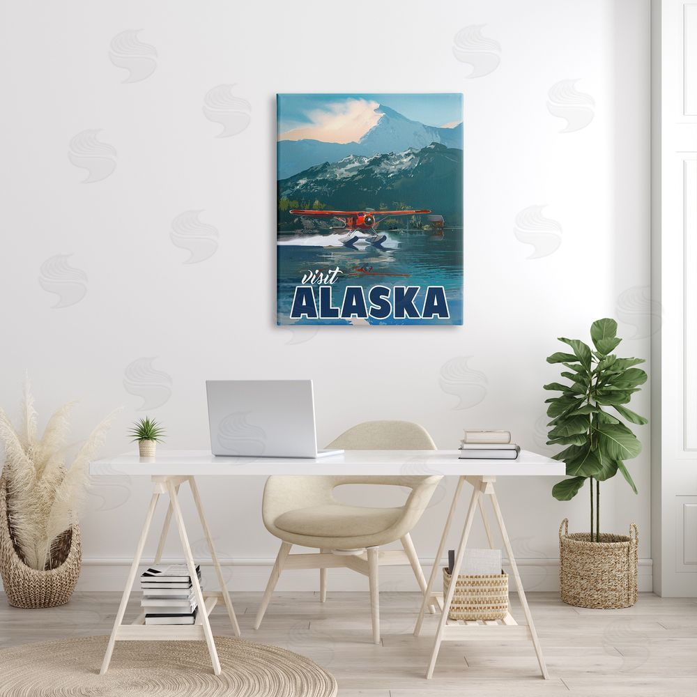 David Owens Illustration Visit Alaska Seaplane Landing Snowy Mountain Scenery Canvas Wall Art Print in Room