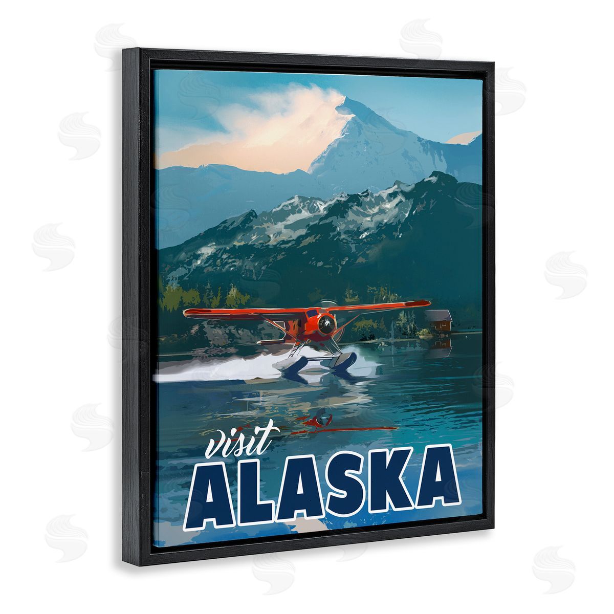 David Owens Illustration Visit Alaska Seaplane Landing Snowy Mountain Scenery Black Floating Frame Canvas Wall Art Print