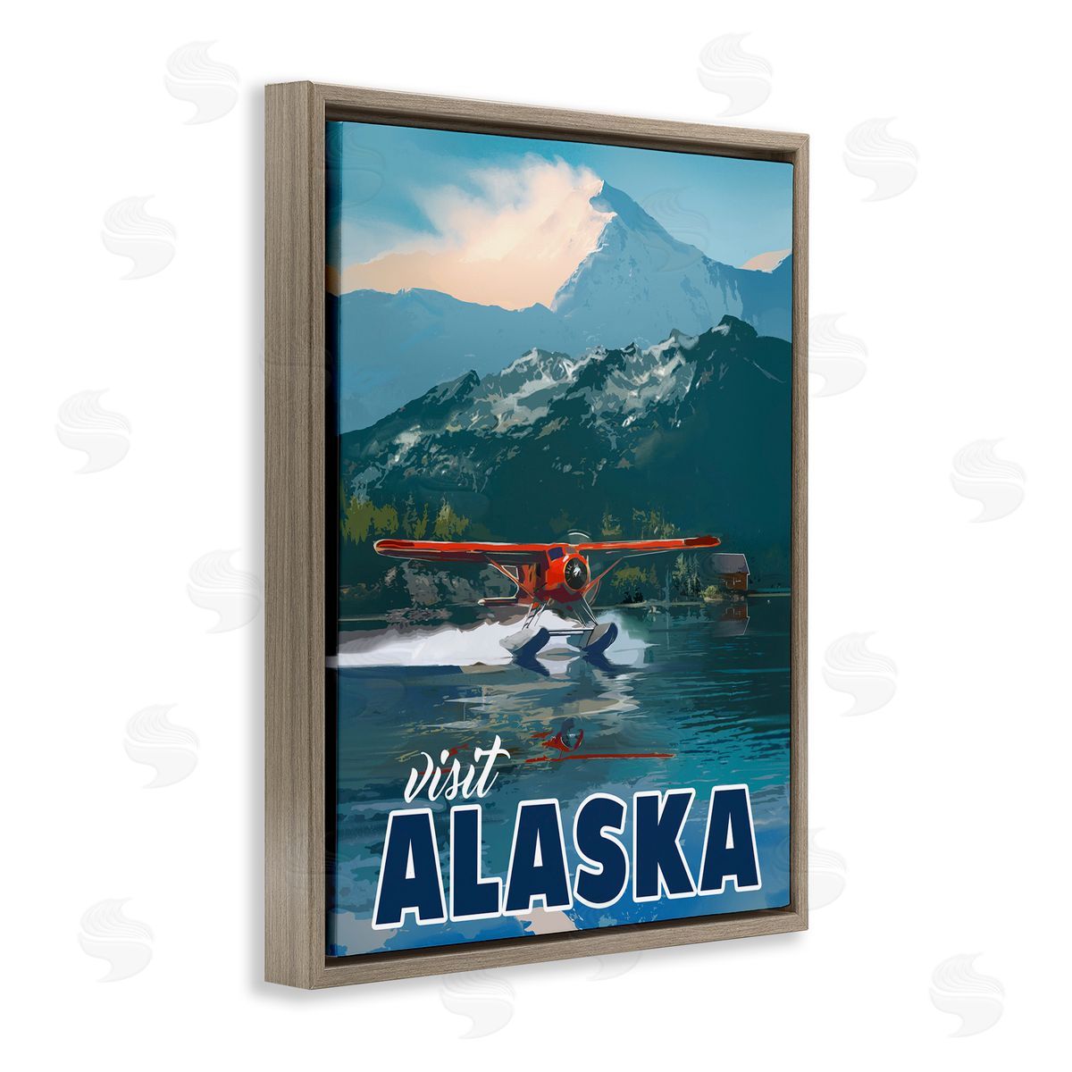 David Owens Illustration Visit Alaska Seaplane Landing Snowy Mountain Scenery Brown Floating Frame Canvas Wall Art Print