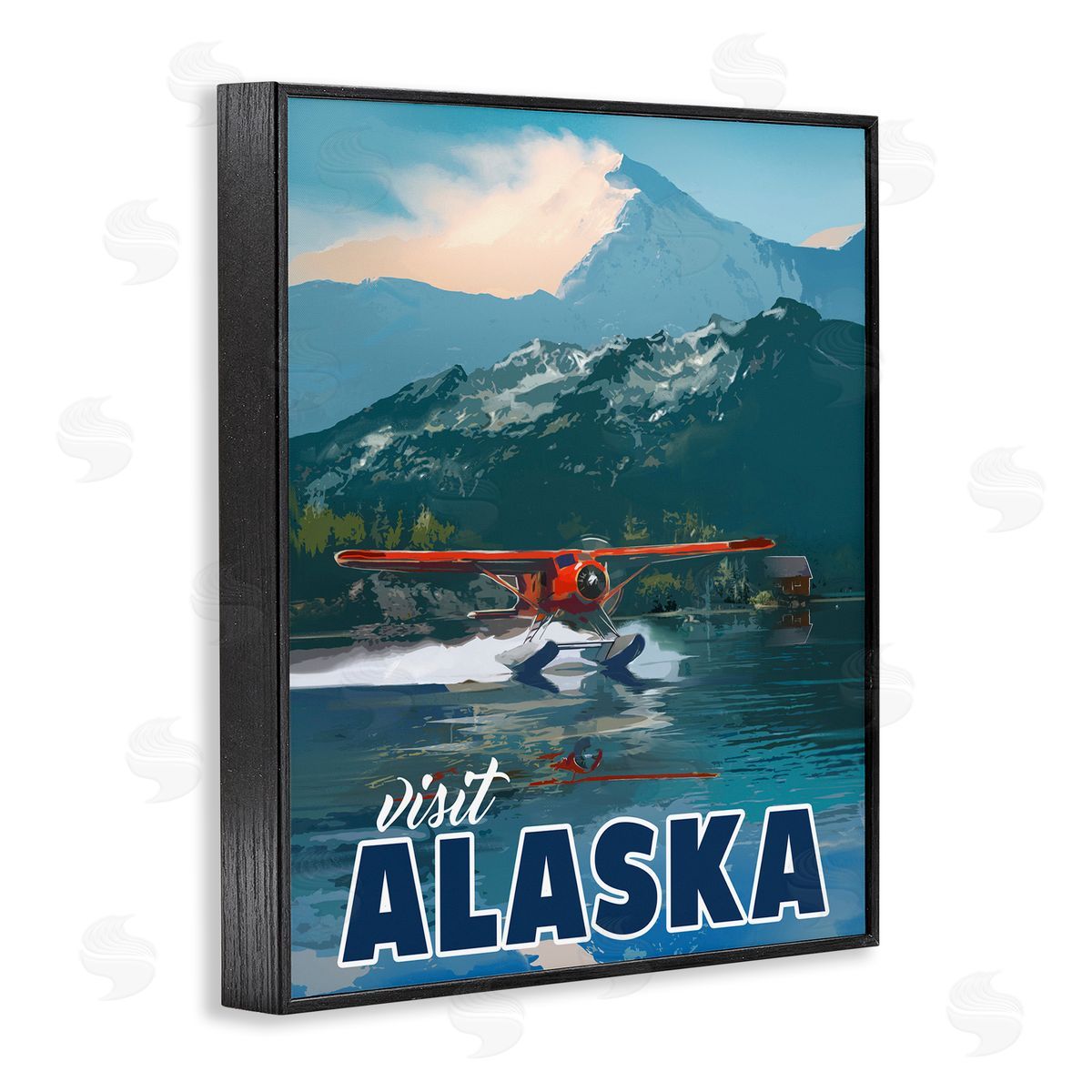David Owens Illustration Visit Alaska Seaplane Landing Snowy Mountain Scenery Black Framed Giclee Wall Art Print