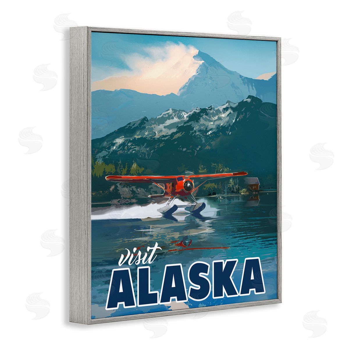David Owens Illustration Visit Alaska Seaplane Landing Snowy Mountain Scenery Gray Framed Giclee Wall Art Print