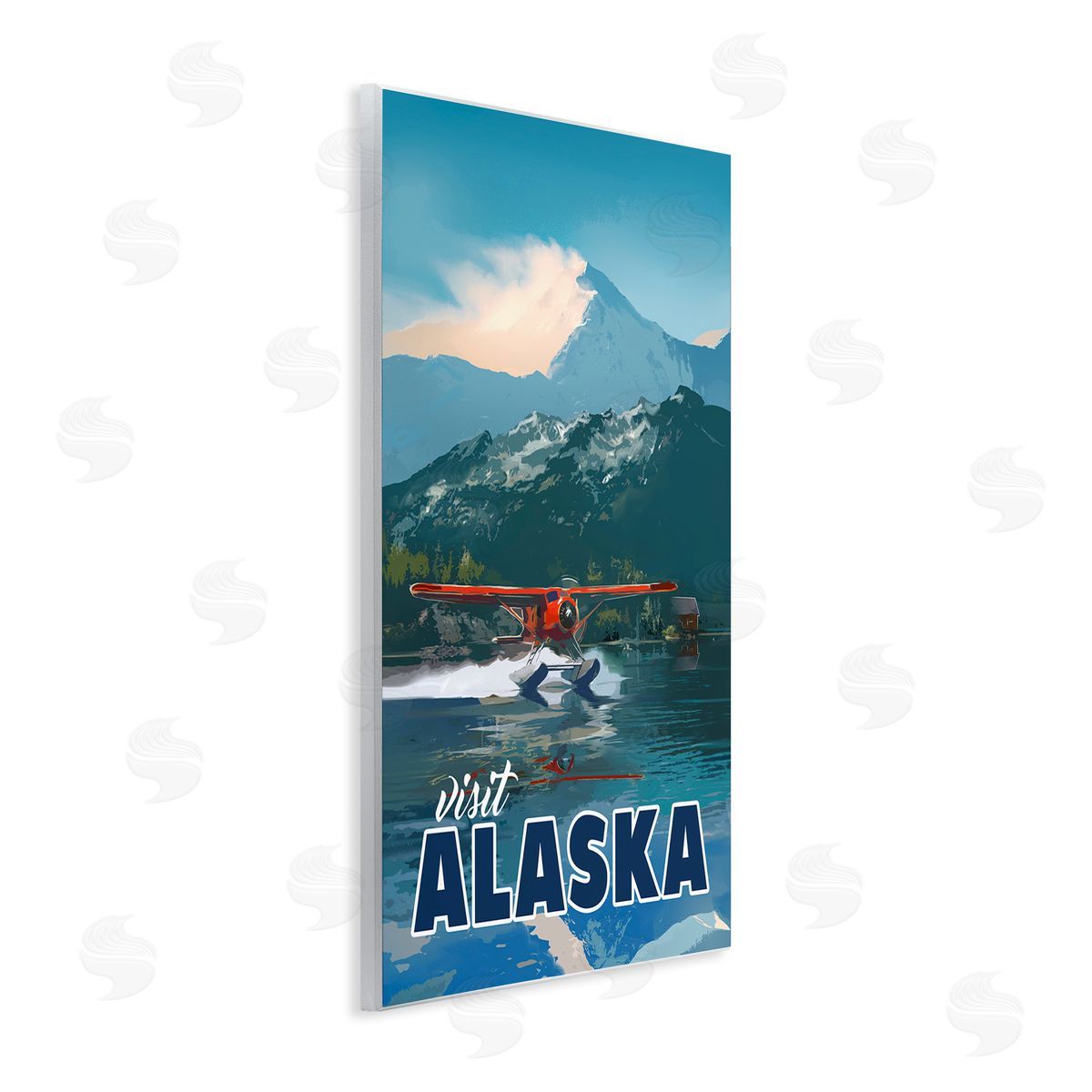 David Owens Illustration Visit Alaska Seaplane Landing Snowy Mountain Scenery Wall Plaque Art Print
