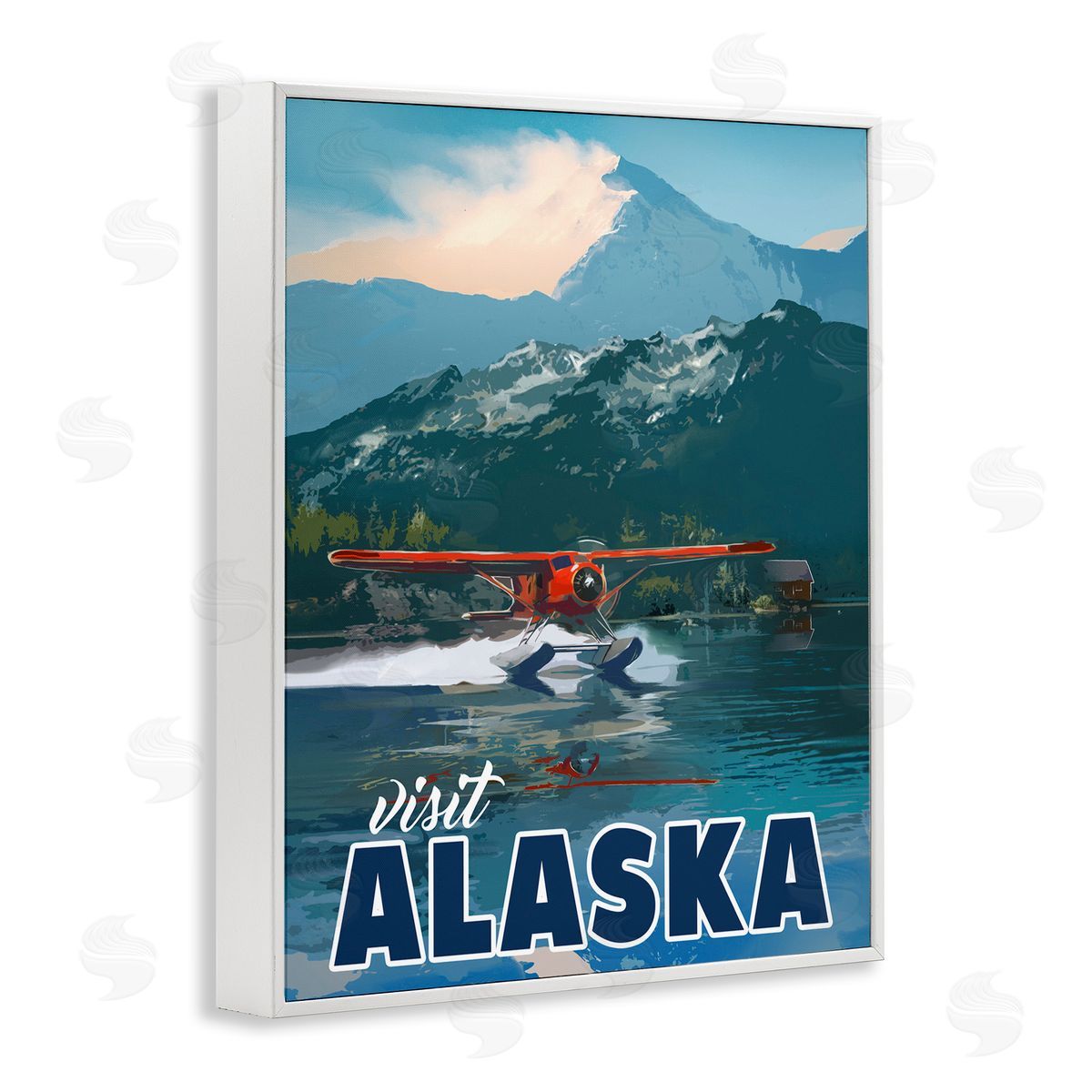David Owens Illustration Visit Alaska Seaplane Landing Snowy Mountain Scenery White Framed Giclee Wall Art Print