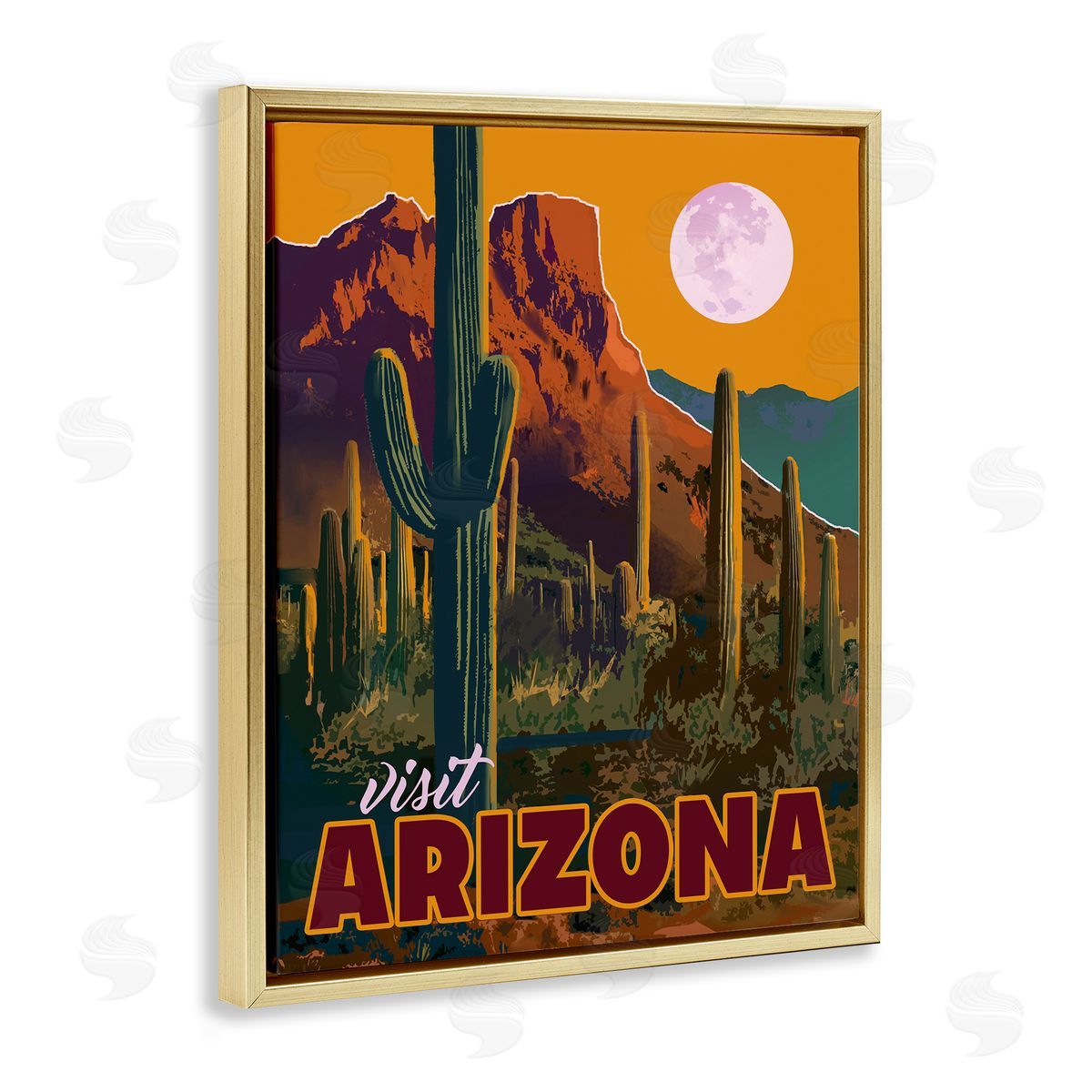 David Owens Illustration Visit Arizona Brilliant Desert Sky Arid Vegetation  Gold Floating Frame Canvas Wall Art Print