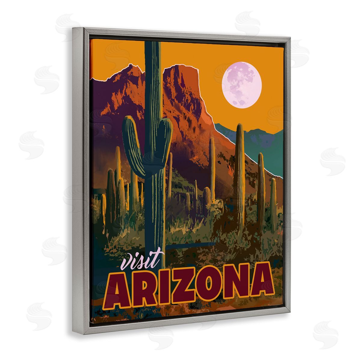 David Owens Illustration Visit Arizona Brilliant Desert Sky Arid Vegetation  Gray Floating Frame Canvas Wall Art Print