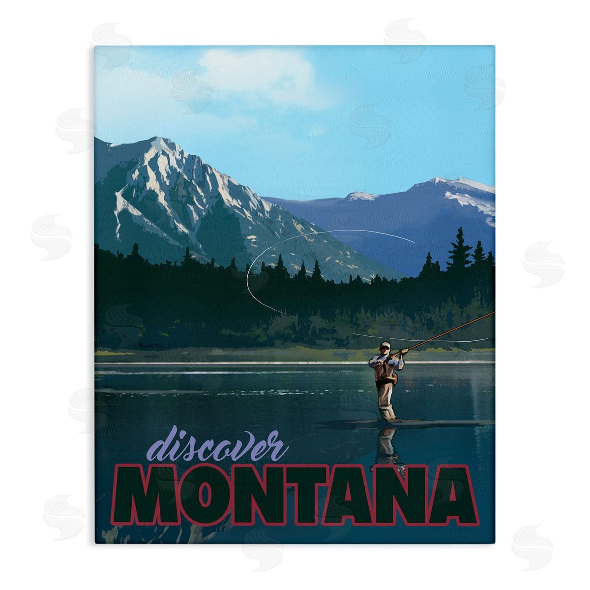 David Owens Illustration Montana Travel Fly Fishing Lake Mountains Landscape Stretched Canvas Wall Art Print