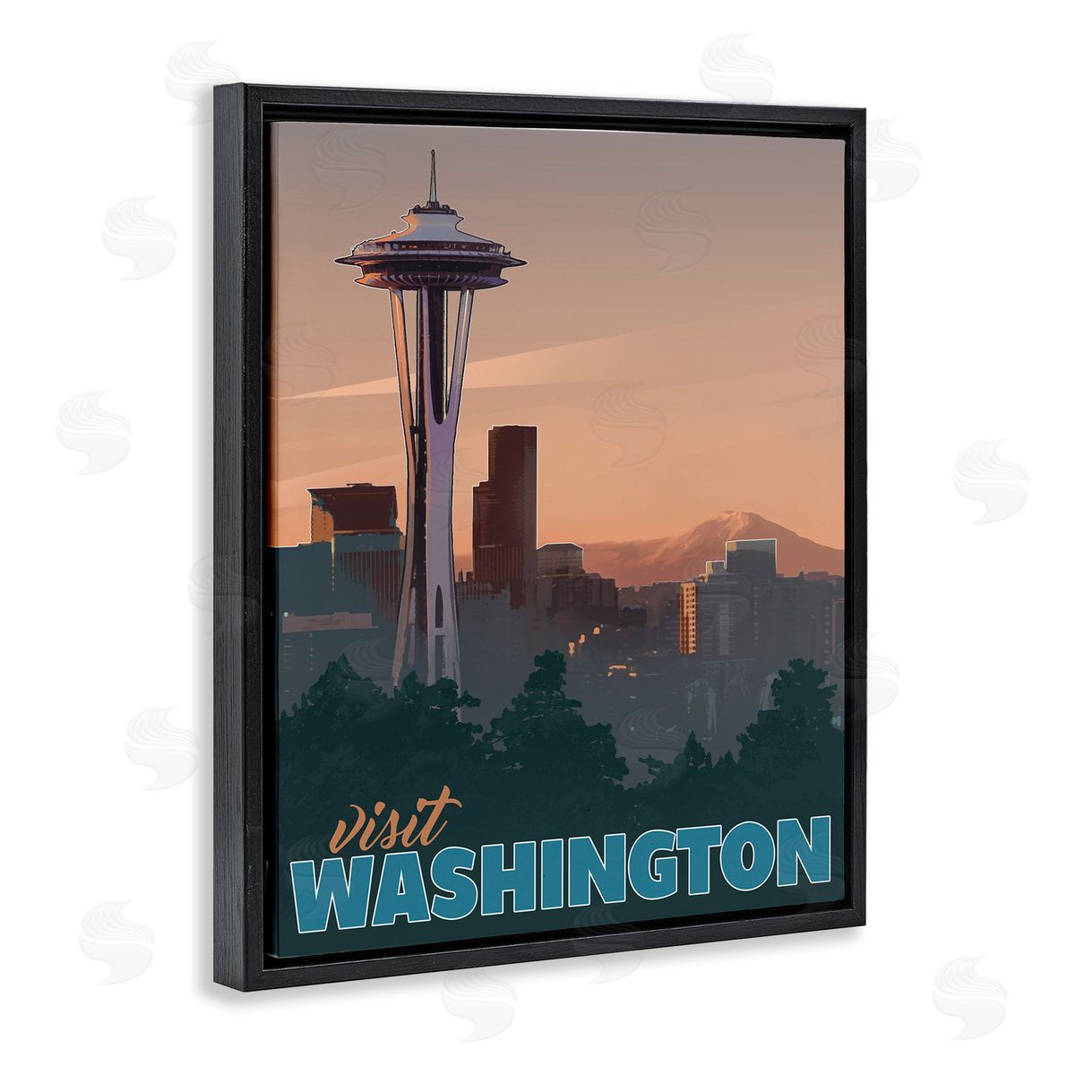 David Owens Illustration Visit Washington Urban Metropolis Space Needle Landmark Black Floating Frame Canvas Wall Art Print