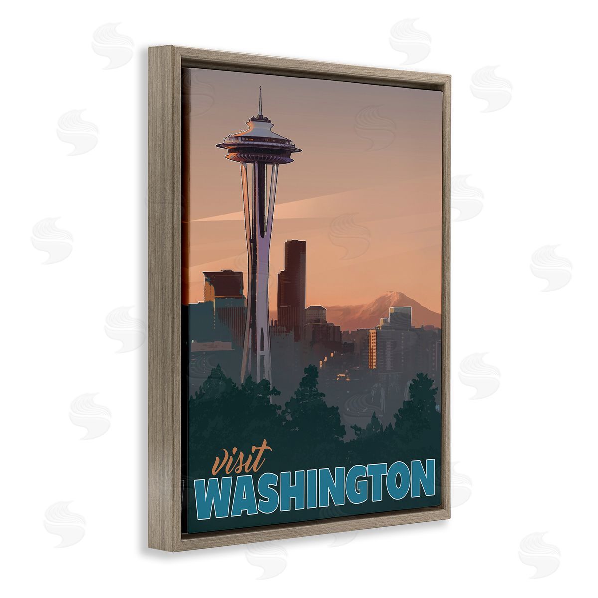 David Owens Illustration Visit Washington Urban Metropolis Space Needle Landmark Brown Floating Frame Canvas Wall Art Print