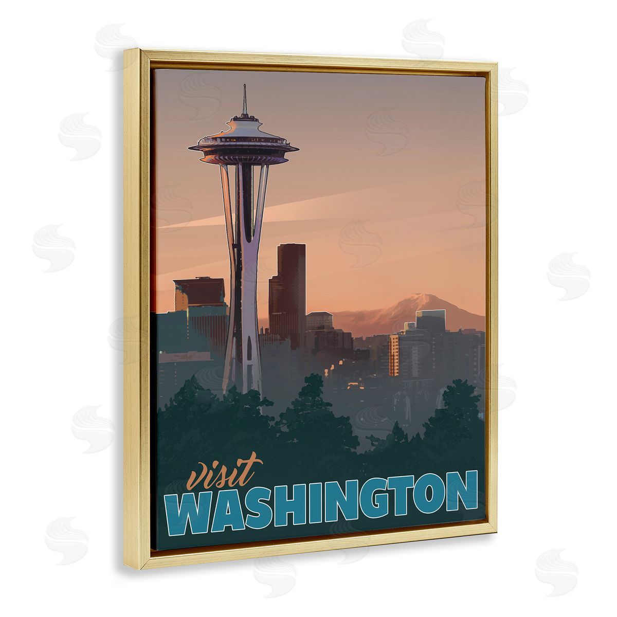 David Owens Illustration Visit Washington Urban Metropolis Space Needle Landmark Gold Floating Frame Canvas Wall Art Print