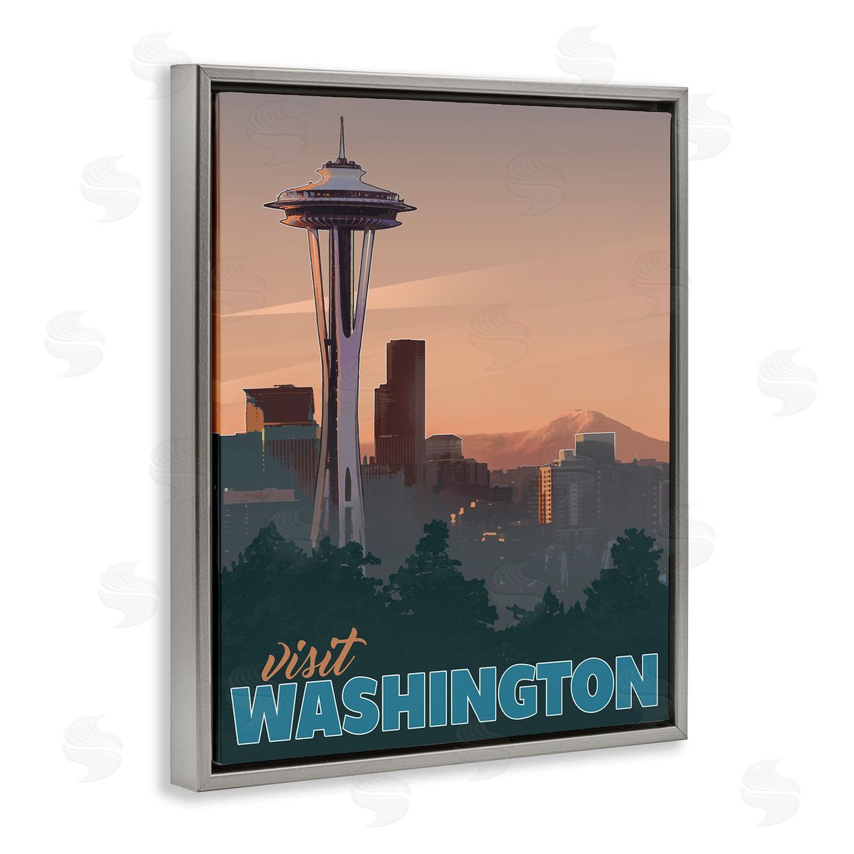 David Owens Illustration Visit Washington Urban Metropolis Space Needle Landmark Gray Floating Frame Canvas Wall Art Print