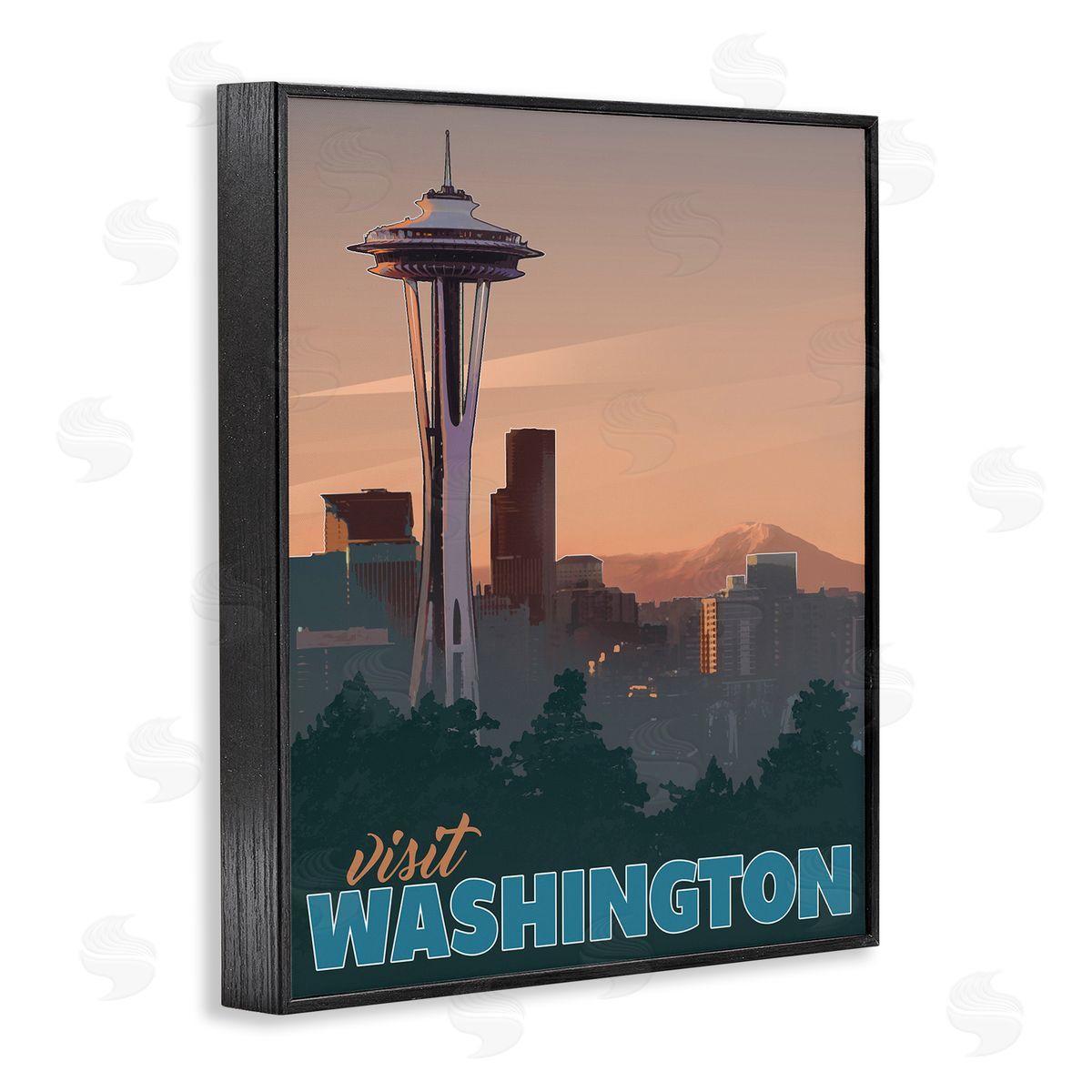 David Owens Illustration Visit Washington Urban Metropolis Space Needle Landmark Black Framed Giclee Wall Art Print