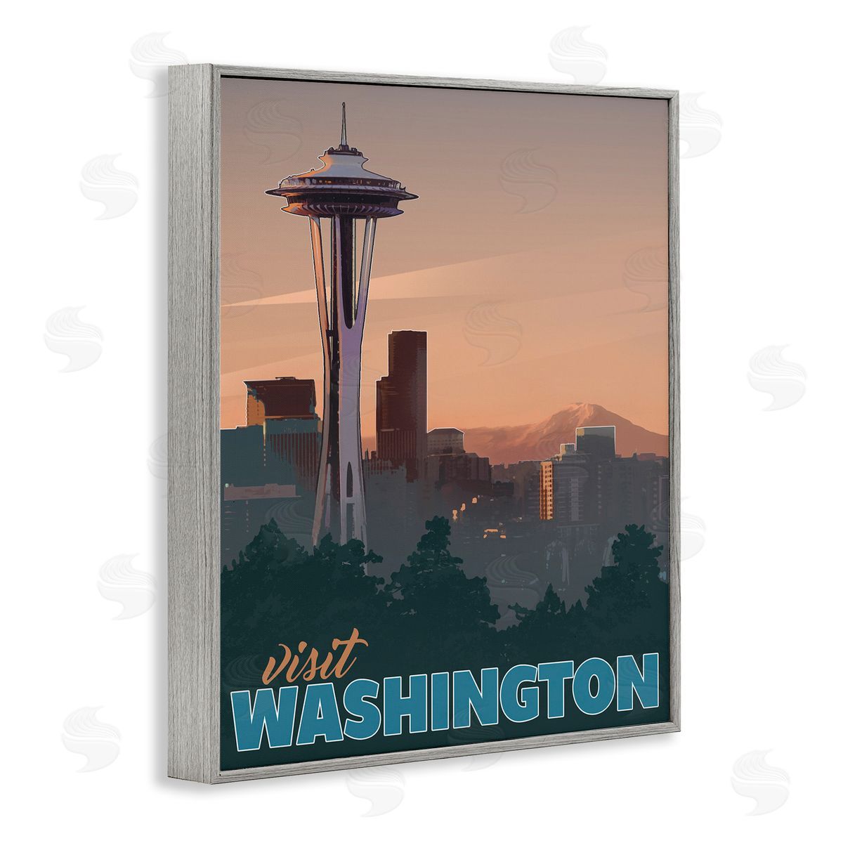 David Owens Illustration Visit Washington Urban Metropolis Space Needle Landmark Gray Framed Giclee Wall Art Print