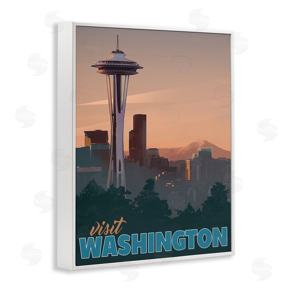 David Owens Illustration Visit Washington Urban Metropolis Space Needle Landmark White Framed Giclee Wall Art Print